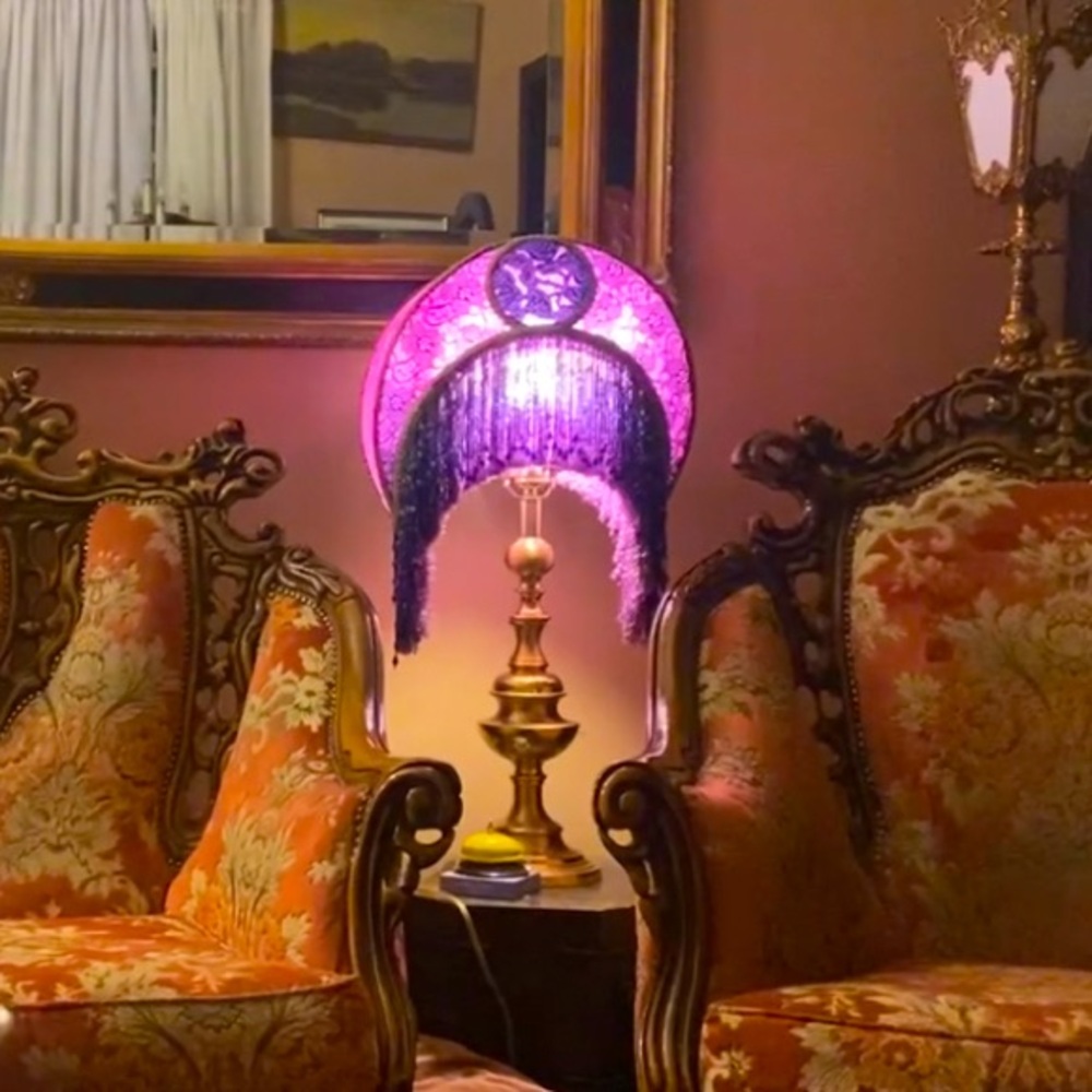 Handmade silk & lace Victorian Crescent Moon Lampshade with glass Beaded Fringe.